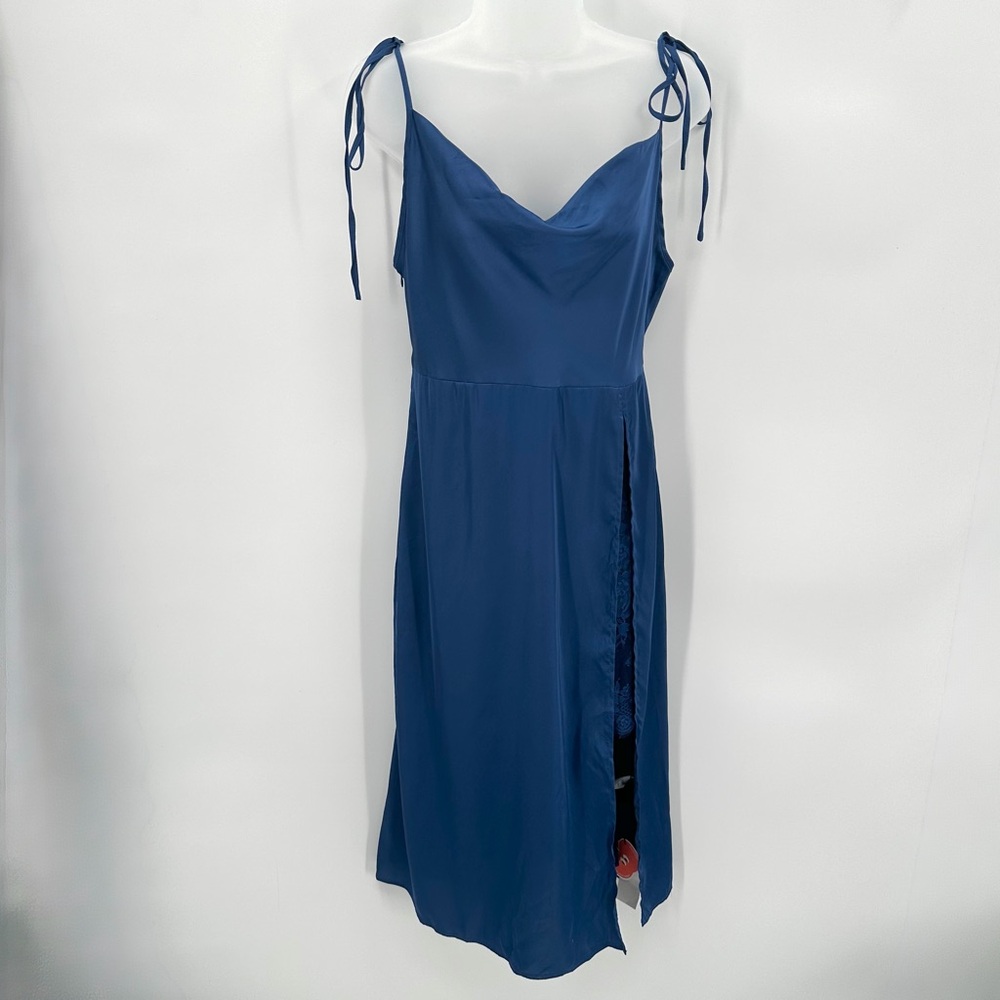 Cider Dress Womens L Blue Satin Slip Dress Cowl Neck Elegant Lace Slit Strappy - Picture 1 of 10